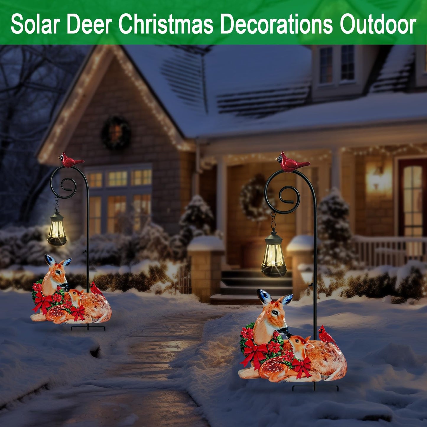 Deer Metal Garden Stake with Solar Lantern,Christmas Decorations Outdoor Waterproof Sloar Lights Outside,Doe and Fawn Outdoor Statue