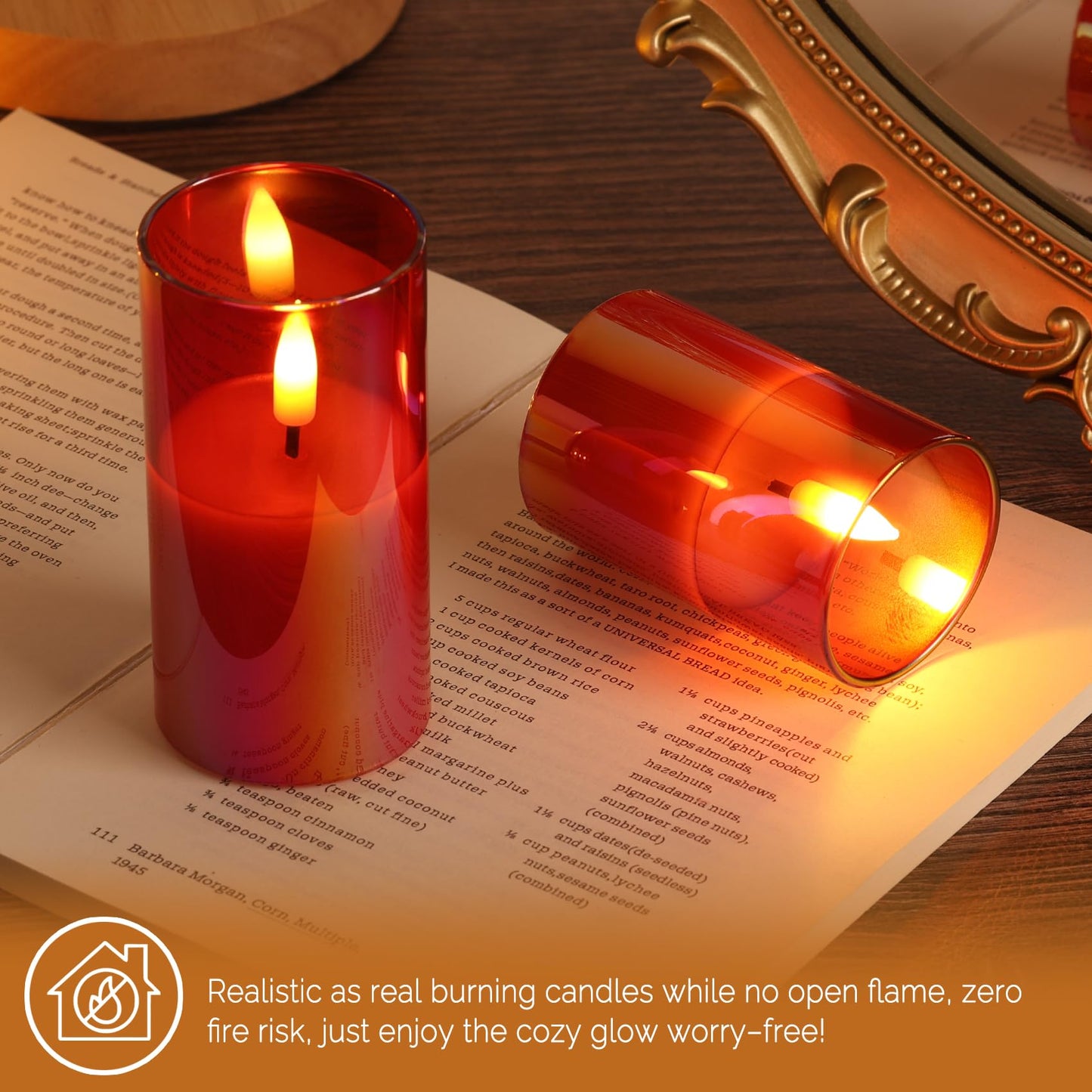 Girimax Red Glass Flameless Candles with Remote Batteries, Flickering Christmas LED Pillar Candles Set of 5