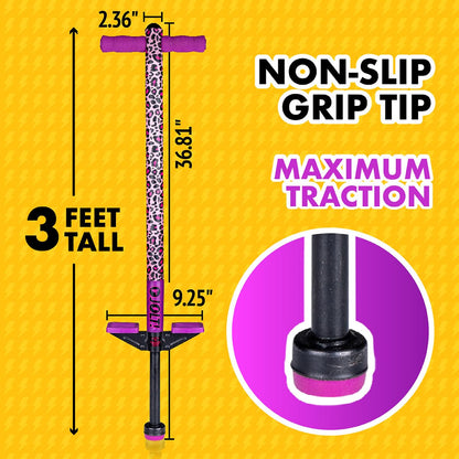 Flybar Jolt Pogo Stick for Kids, Perfect for Beginners w/ Foam-Covered Metal Frame, Handles & Padding, Non-Slip Foot Pads, Wide Tip, Outdoor Active Play Toy for Boys & Girls, Ages 6+, Leopard