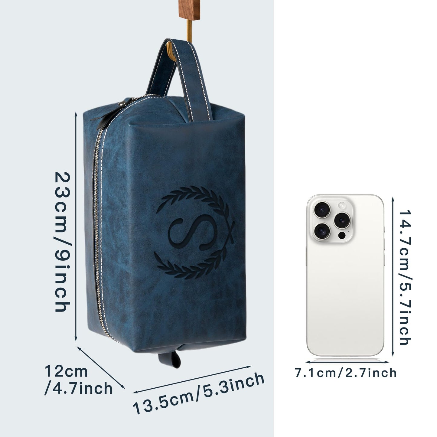 Aganmi Personalized Gifts Travel Toiletry Bag for Men Engraved Initial PU Leather Waterproof Shaving Bag for Toiletries Accessories Fathers Day Birthday Gift for Men Dad Husband Son, Dark Blue B
