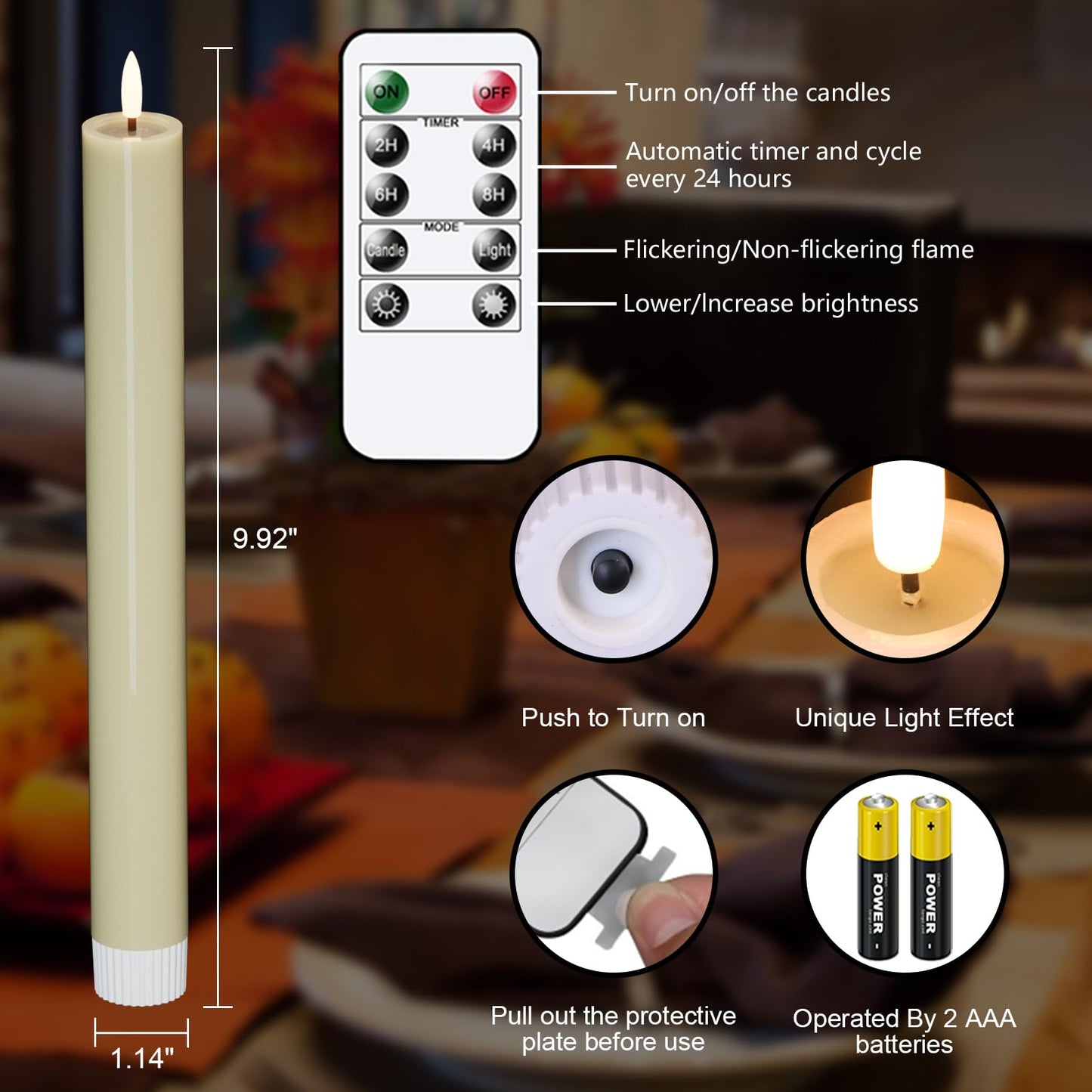 DRomance Large Flameless Taper Candles Battery Operated with Remote and Timer, Real Wax 3D Wick Flickering Ivory LED Taper Candlesticks Wedding Dinner Christmas Holiday Decor(2pcs, 1.14" D x 9.92" H)