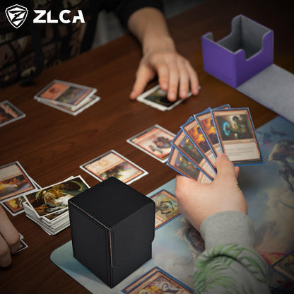 ZLCA Card Deck Box for Trading Cards, MTG YuGiOh Deck Case Holds 100+ Single Sleeved Cards, PU Leather Magnetic Card Storage Box Fits for TCG CCG Magic Game Cards (Black& Gold)