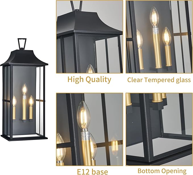 Outdoor Wall Lantern 3-Light, 25 "Large Outside Wall Sconce, Modern Black Wall Light Fixture with Glass, Waterproof Exterior Lamp for House, Porch, Garage,Bulbs Not Included