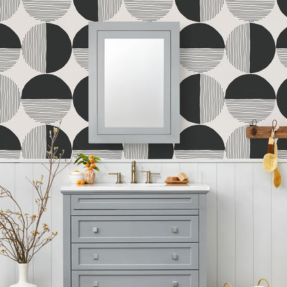 VEELIKE Abstract Circle Geometric Peel and Stick Wallpaper Modern Black Mid Century Wallpaper for Bedroom 17.7''x118'' Self Adhesive Geometric Wall Paper Removable Contact Paper for Cabinets Walls