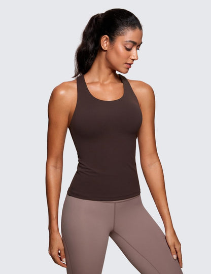 CRZ YOGA Butterluxe Workout Racerback Tank Tops for Women - Padded Athletic Spandex Yoga Shirts with Built in Bra Hot Fudge Brown XX-Small