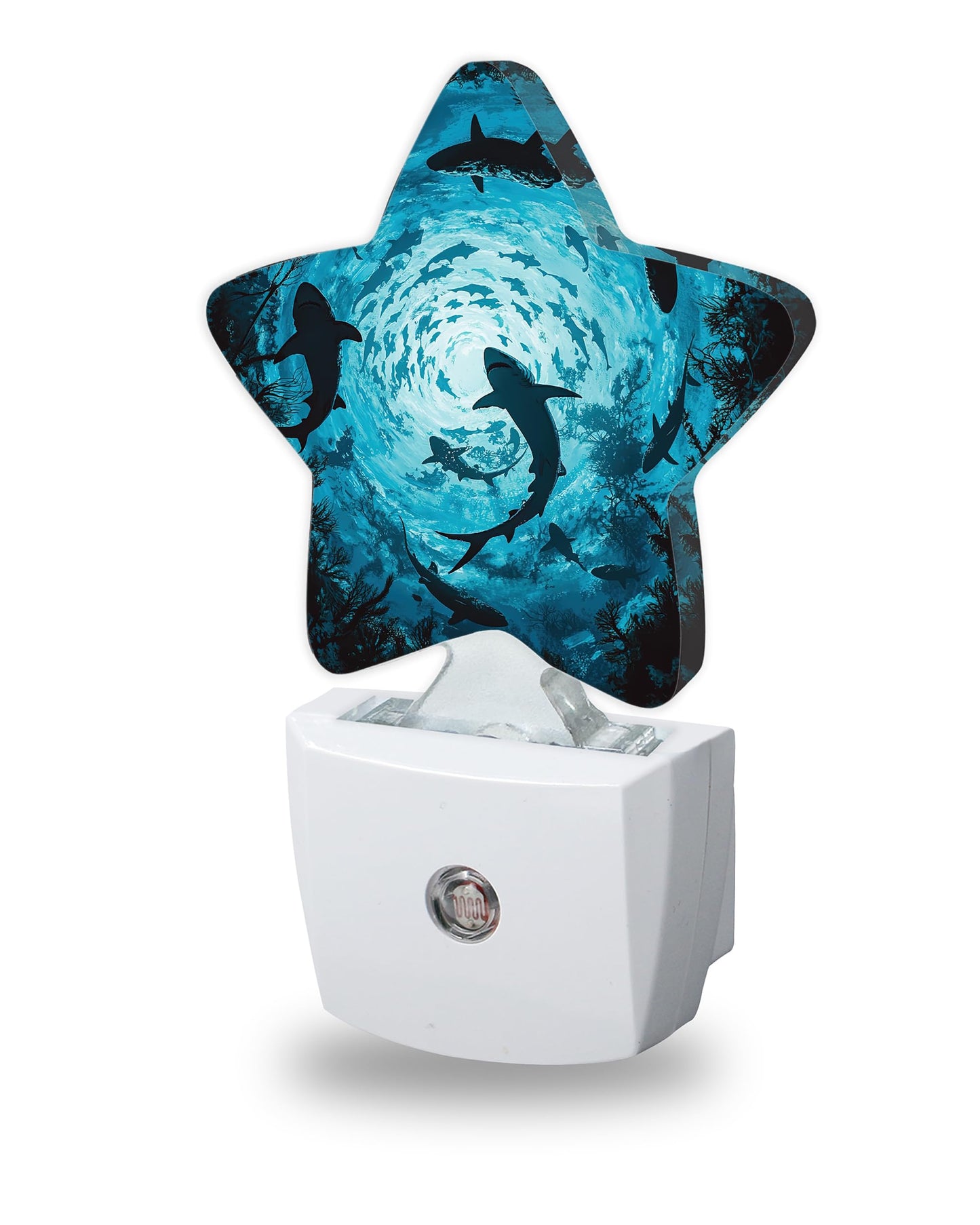 Sharks Swimming Decorative Nightlight Plug in Wall,Deep Blue Sea Star Shaped Night Light with Built in Sensor for Home Decor,Kitchen Hallway Stairs Desk Lamp