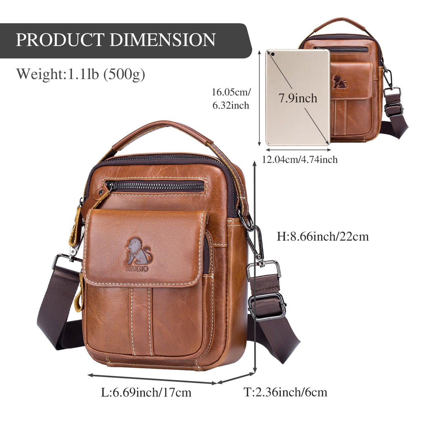 BAIGIO Genuine Leather Small Messenger Bag for Men Crossbody Shoulder Bag for Ipad MIni Handbag Man Purse Satchel for Daily Business