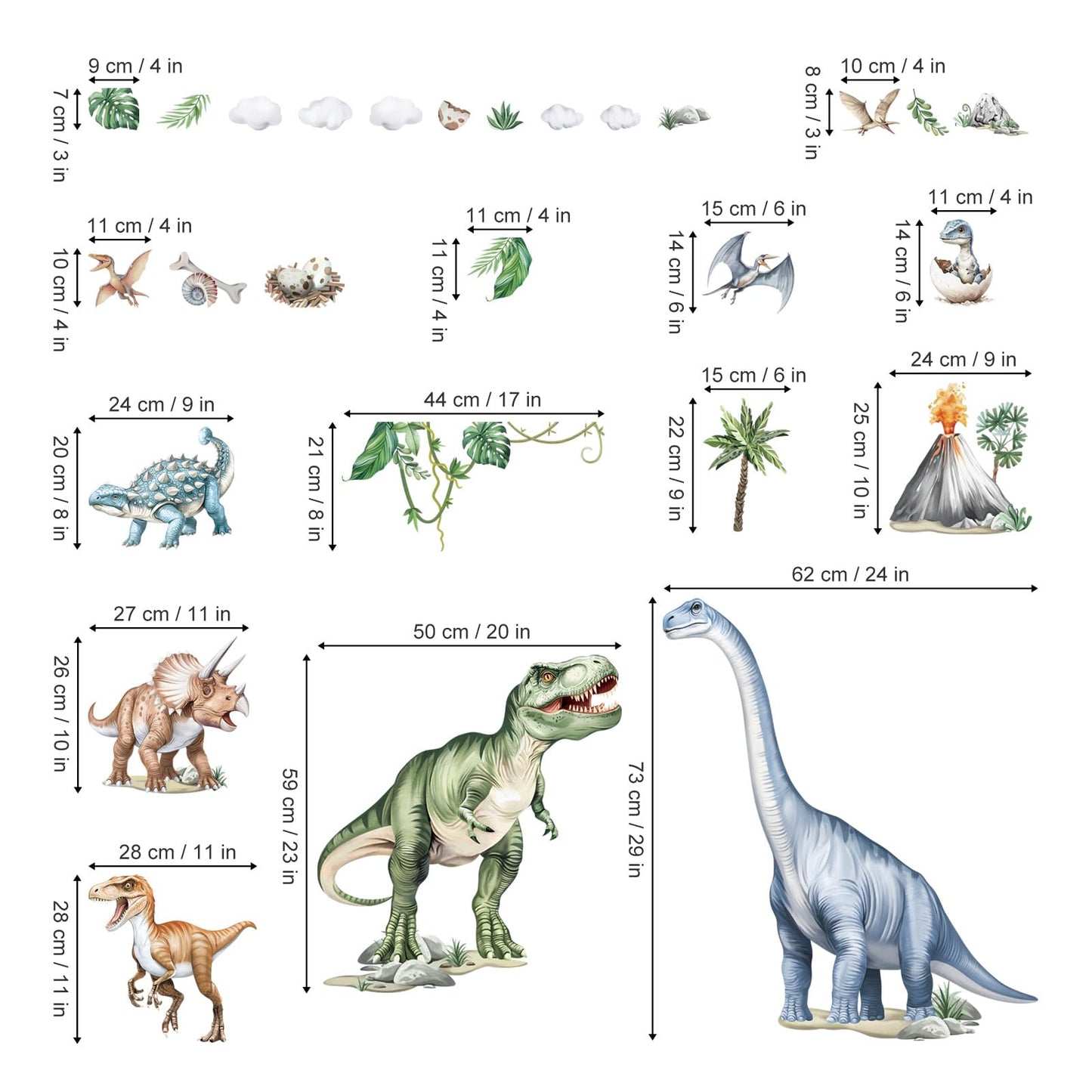 wondever Large Dinosaur Wall Stickers Watercolor Tropical Animals Dino Plants Volcano Wall Art Decals for Boys Room Baby Nursery Kids Bedroom