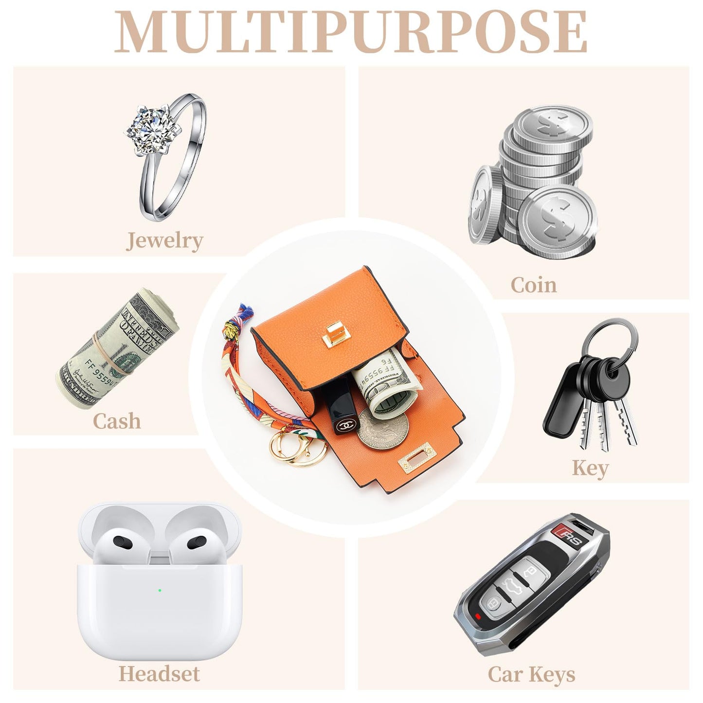 WOZEAH Mini Backpack Keychain for Women,Small Change Pouch Coin Purse Twist-lock with Key Headset Bag（Orange）