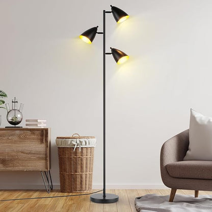 Tree Floor Lamp for Living Room, Industrial 3-Light Standing Lamp with 3 LED Bulbs, Adjustable Rotation Heads, Standing Tall Pole Lamp Farmhouse Rustic Reading Lamps for Bedroom Office (Black)