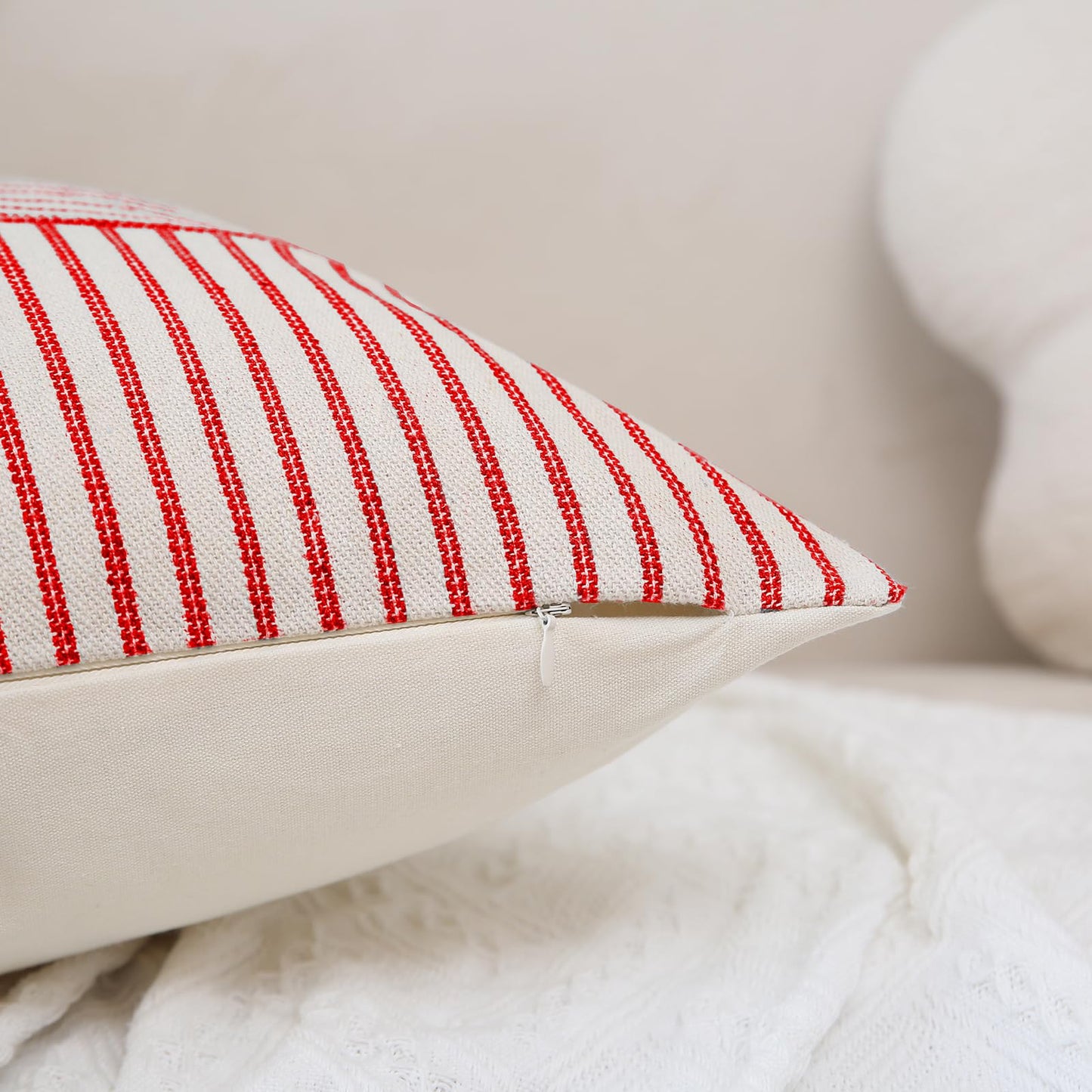 Hckot Christmas Pillow Covers 18x18, Red Throw Pillow Covers Set of 2, Striped Linen Decorative Pillows Cushion Covers for Couch Chair Beding Xmas Winter Decorations(Red)