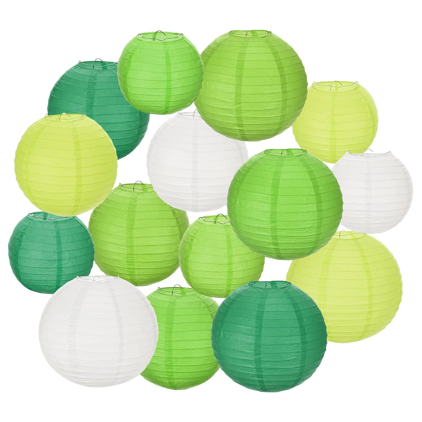MECCANIXITY 15PCS Paper Lanterns Decorative, 4" 8" 12" Round Hanging Lantern Chinese Lanterns for Home Decor, Birthday, Wedding, Christmas (Green,Deep Green,White,Light Green,Dark Green)