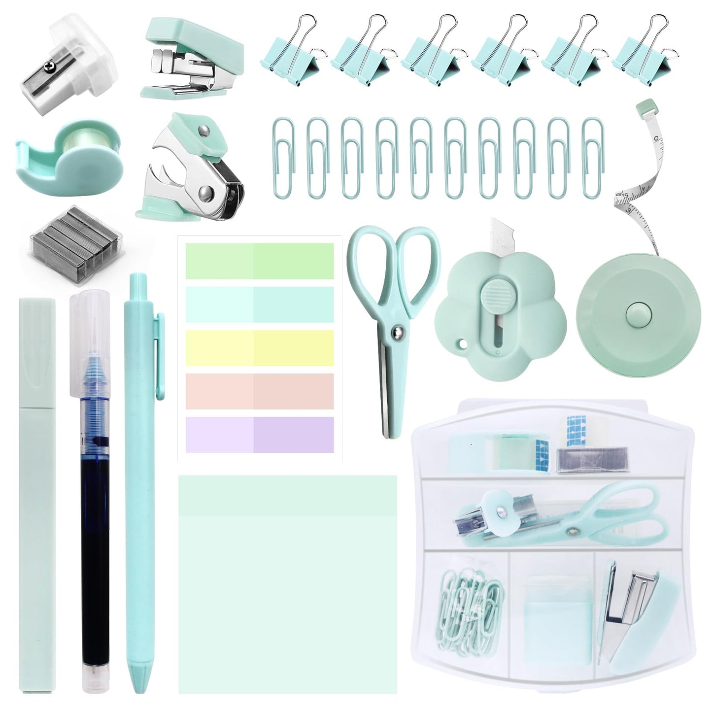 Mini Office Supplies, Teal Stapler with Staples and Tape Dispenser Set, Mini Stationary Kit Includes Sticky Notes Index Tabs Highlighters Gel Pens for Office & School Supplies (Teal)