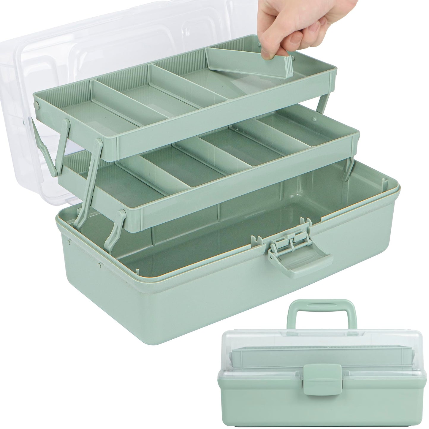 TERGOO 14in 3-Layer Multipurpose Craft Organizers and Storage with Adjustable Dividers, Portable Tackle Box, Folding Art & Craft Case for Medicine, Tool, Sewing Organizer (Haze Green, X-Large)
