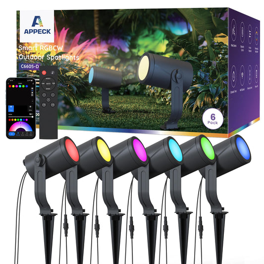 APPECK Smart Landscape Lighting Kit 36W, RGBCW Smart Landscape Lights 6 Pack, IP65 Waterproof Outdoor Spotlights, Alexa/Google Assistant Compatible, for Garden Pathway Yard Holiday Decor