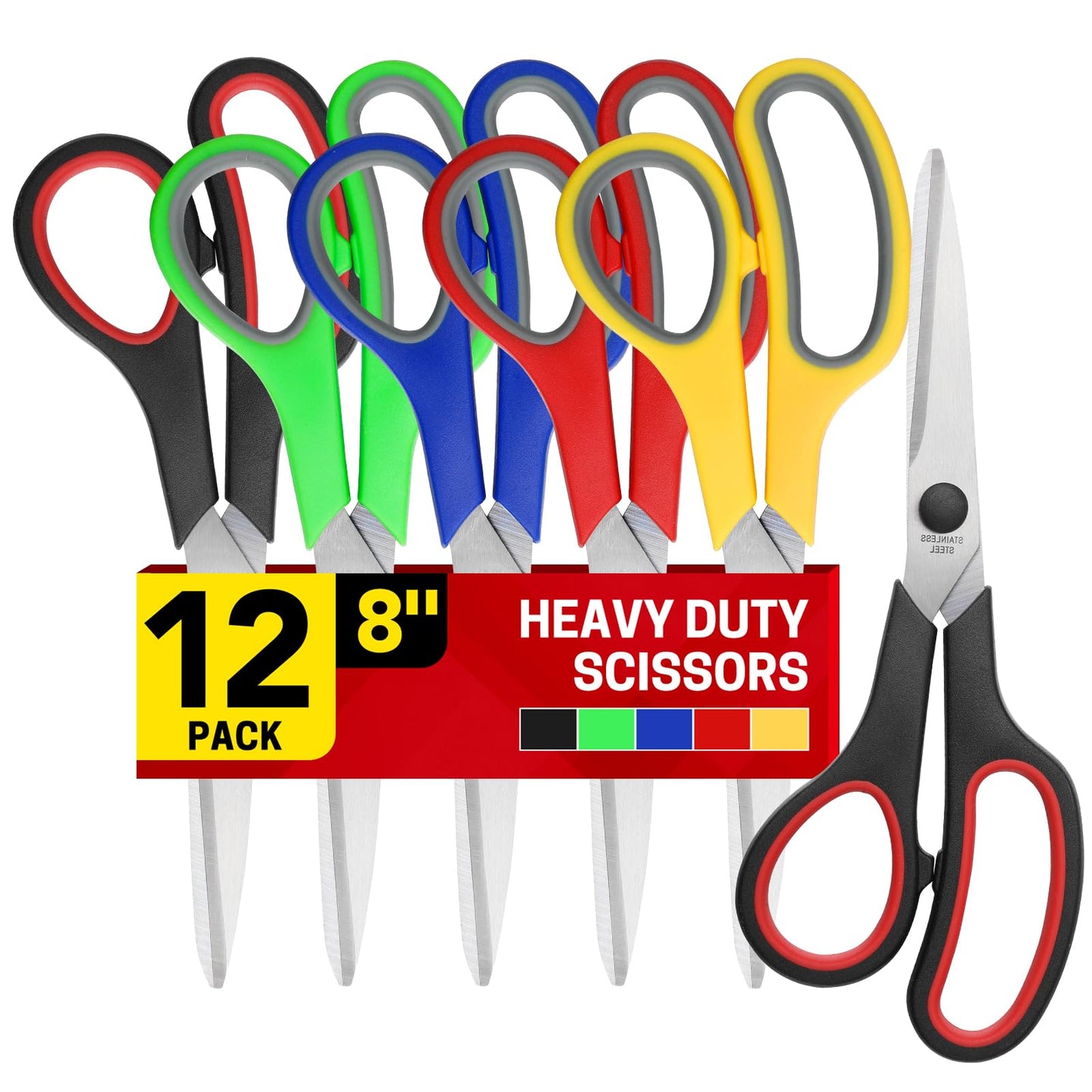 BURVAGY 8" 12 Pack All Purpose Heavy Duty Scissors- Comfort-Grip Sharp Scissors for Office School Sewing Fabric Craft High/Middle School Student Teacher Scissor, Right/Left Hand