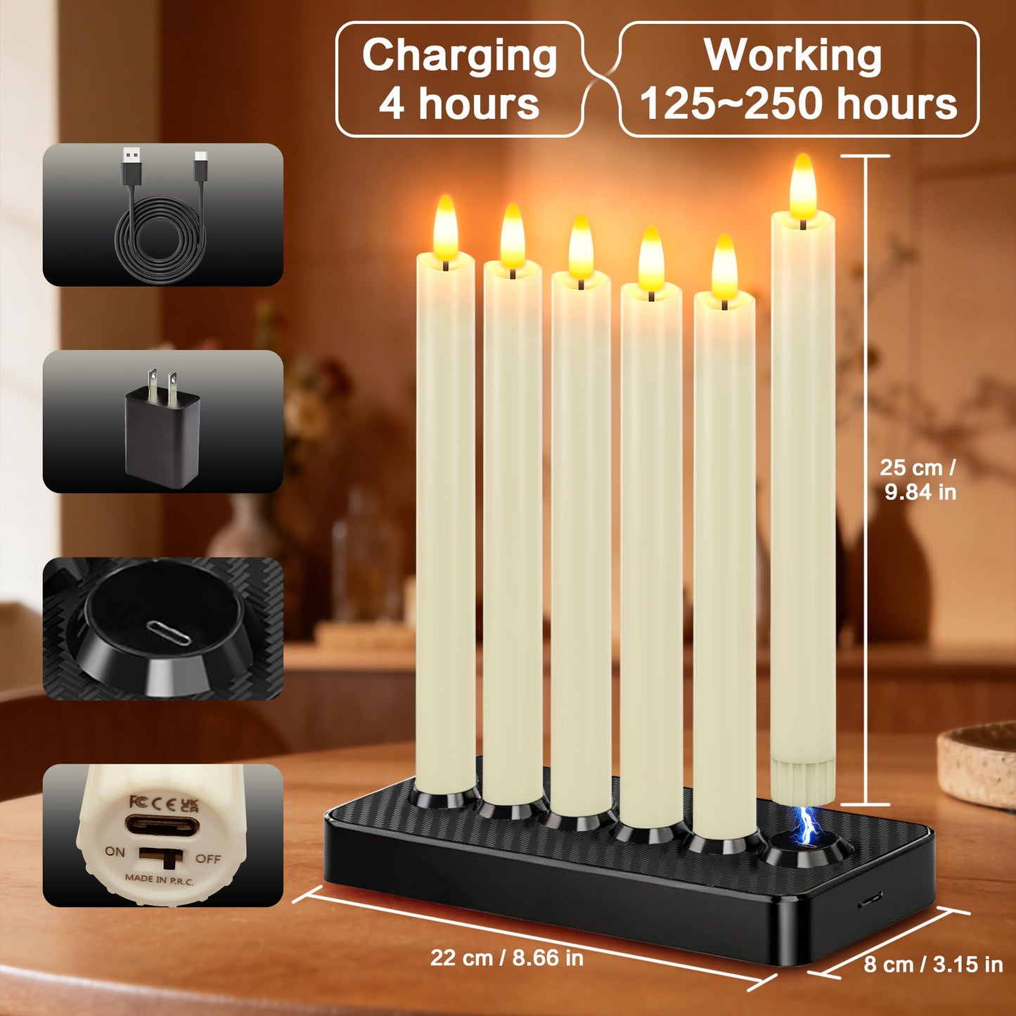 Rechargeable Flameless Taper Candles with Charging Base, LED Candles Battery Operated with Remote Timer, Flameless Candlesticks for Wedding Party Halloween Christmas Decorations(6 Pack Ivory)