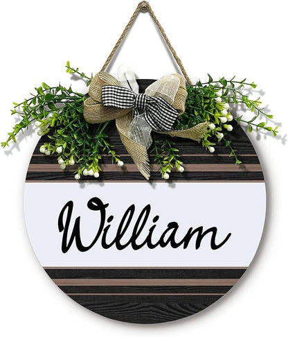 Personalized Front Door Signs with Wreath Custom Rustic Family Name Round Wooden Sign with Bow Welcome Farmhouse Customized Hello Door Hanging Sign for Home Wall Outdoor Indoor 12x12 Inch