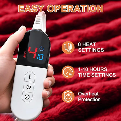 Heated Blanket Electric Throw Blanket 84''X 90''-Heating Blanket with 6 Heat Settings-10 Hours Auto Off,Cozy Faux Rabbit Fur Bubble Electric Blanket,Red