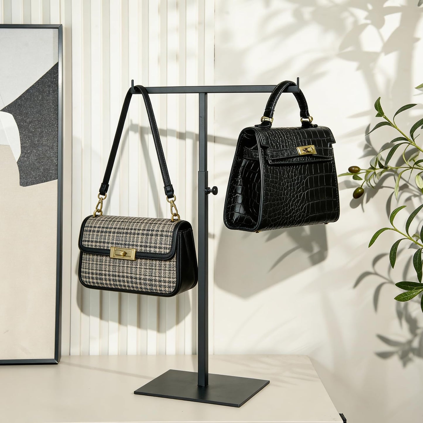 Purse Display Stand Jewelry Towers - 2 Pack Purse Stand Handbag Bag Display Black Tabletop Stainless Steel Hook Hanging Jewelry Stands for Necklaces Organizer Adjustable Height Home Store Boutique