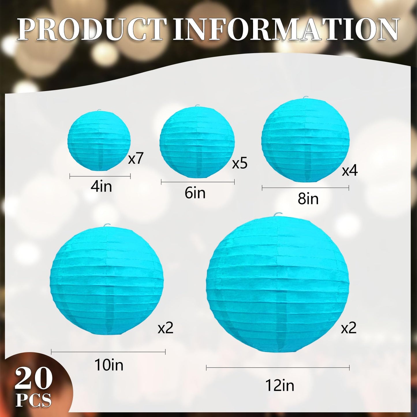 20Pcs Blue Paper Lanterns for Parties, 6” 8” 10” 12” Chinese Asian Hanging Round Paper Lanterns for Birthday Wedding Halloween Christmas Home Decor Party Decor