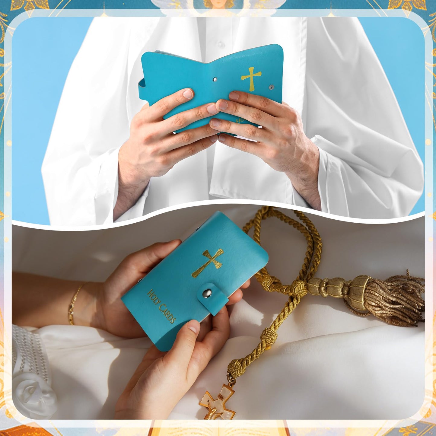 Lerheedi Holy Card Holder Case Faux Leather, up to 40 Prayer Cards with Snap Closure, Portable for Travel, Ideal Religious Gift for Adults, Unisex (Blue)