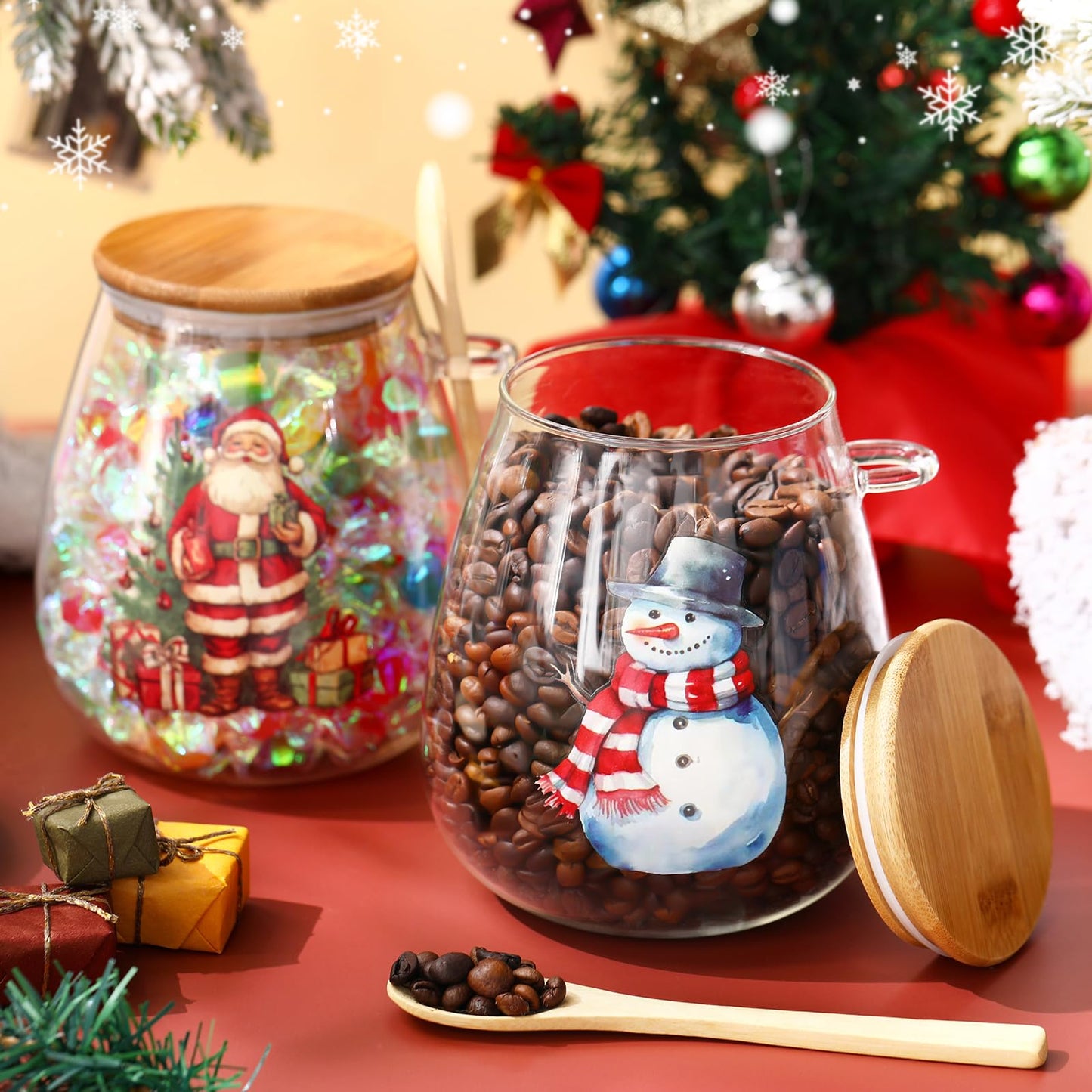 Pickmesh 2 Sets 34 oz Christmas Glass Storage Jars with Airtight Bamboo Lid and Spoon Christmas Decorative Container Xmas Canister for Kitchen Countertop Decoration Cookies Snacks Candy(Santa)