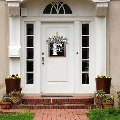 Ultra Large 14'' Last Name All Year Round Front Door Wreath with 26 Initial Letter Welcome Sign All Seasons Eucalyptus Garland and Bow Wreaths for Front Door Porch Farmhouse Decoration (F)