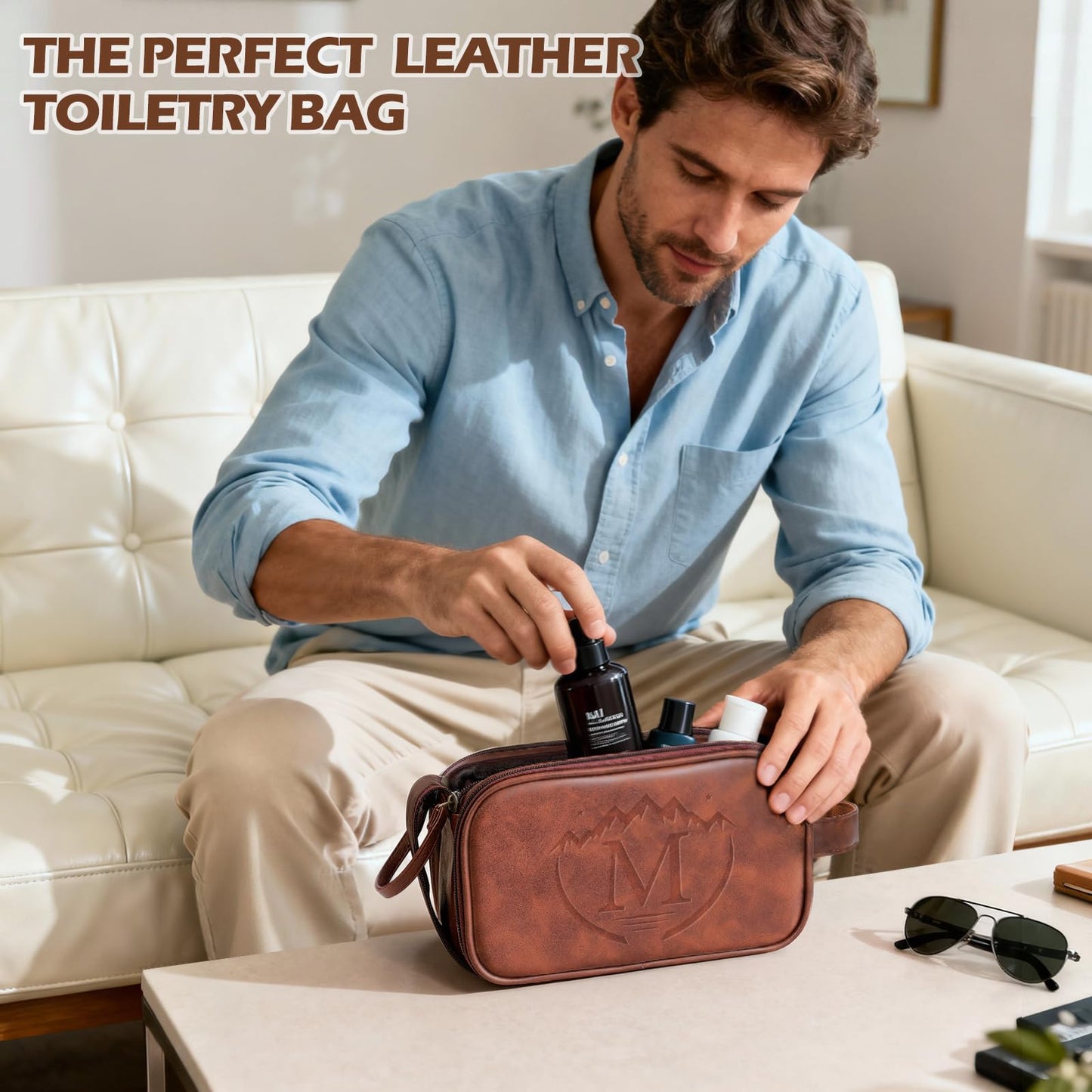 Personalized Travel Toiletry Bag for Men, Father Day Gifts, Engraved Initials Waterproof PU Leather Toiletry Bag, Large Capacity Portable Shaving Bag, Unique Birthday Gift for Men Dad Husband Him,M