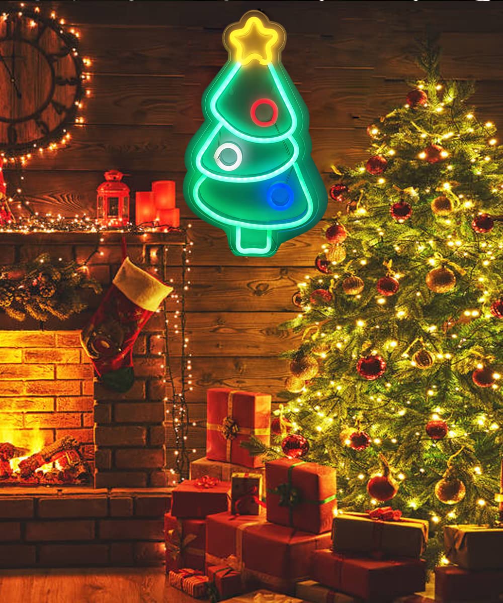 Christmas Tree Neon Signs for Xmas Wall Decor LED Xmas Tree Neon Light Sign for Christmas Party, Bar, Home, Bedroom Décor