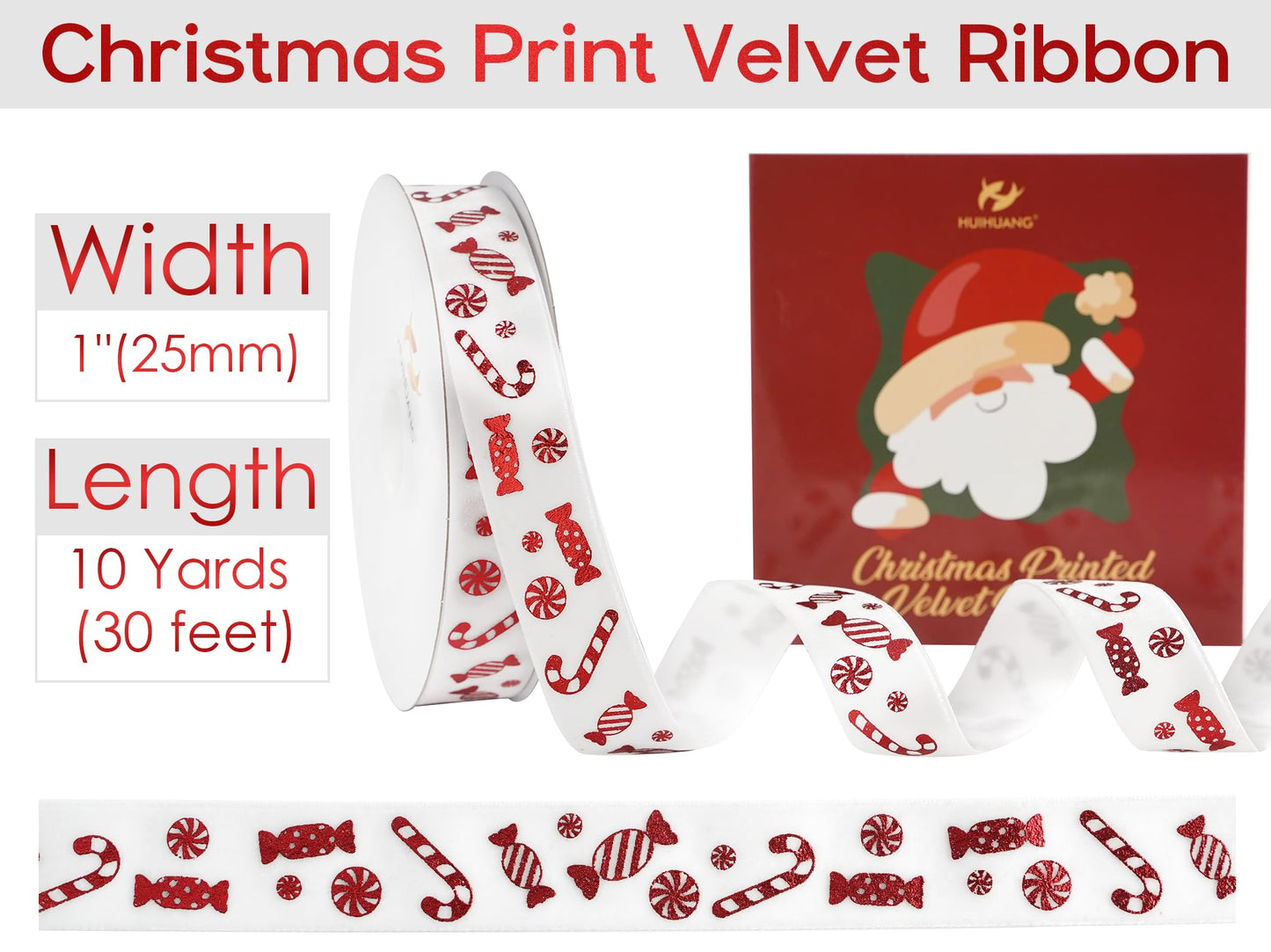 HUIHUANG Candy Cane Christmas Velvet Ribbon 1 inch White Velvet Ribbon with Red Candy Cane Print Ribbons for Gift Wrapping, Tree Ornaments, Wreaths, Garlands, Home Decor- Continuous 10 Yards