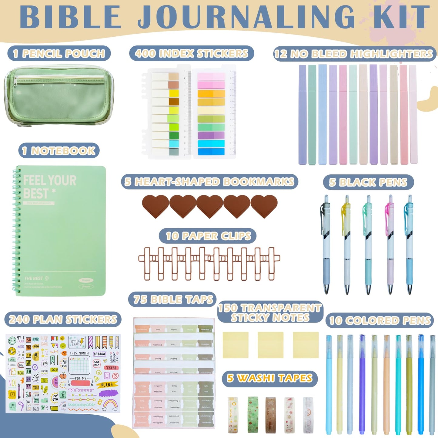 LEIOSAGN 67pcs Bible Study Supplies Journaling Kit for Study Group with Pencil Case, No Bleed Highlighters, Pens, Bookmarks, Notebook, Tabs, Index Stickers, Note Stickers, Transparent Sticky Notes