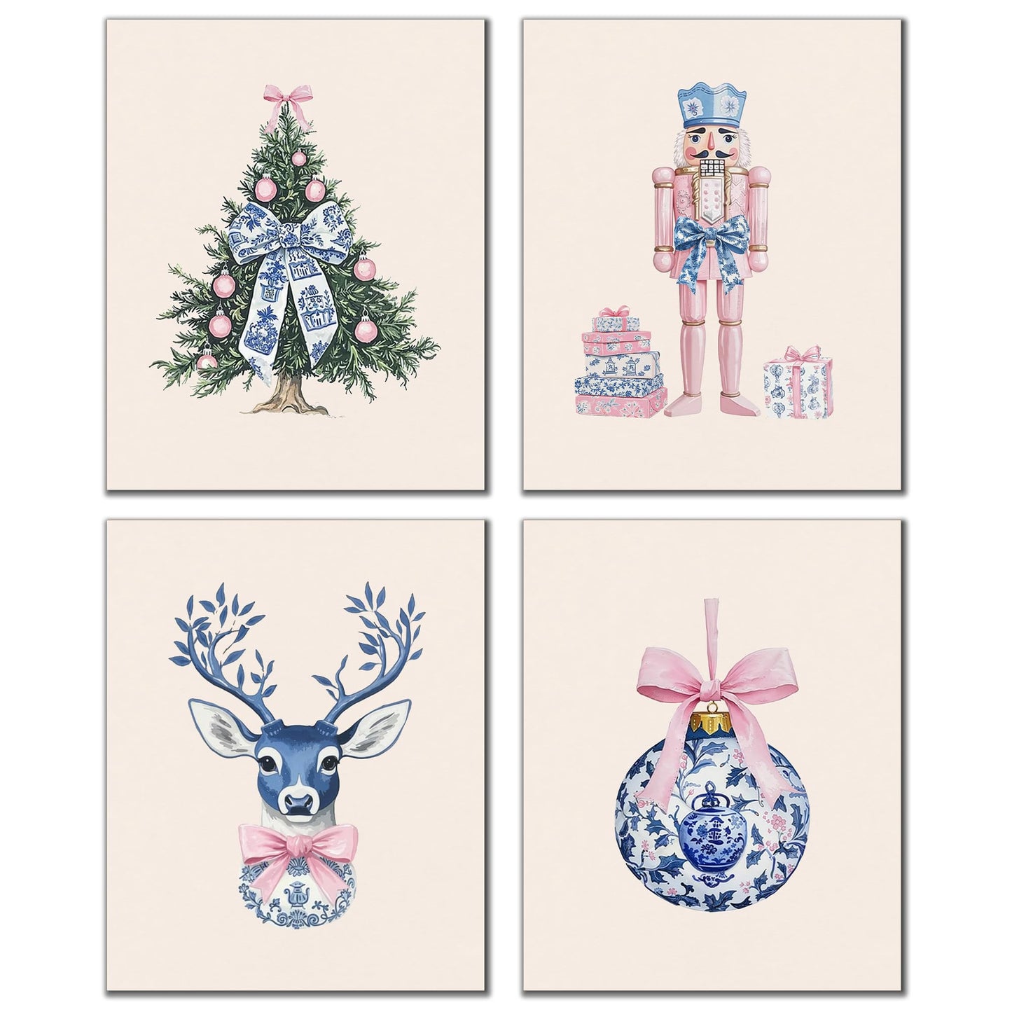 DOFQZ Pink Chinoiserie Christmas Wall Art Prints Set of 4, Grandmillenial Christmas Decor, Preppy Bauble Xmas Tree Nutcracker Reindeer Holiday Posters for Girls Dorm Apartment Decor, 8x10 Unframed