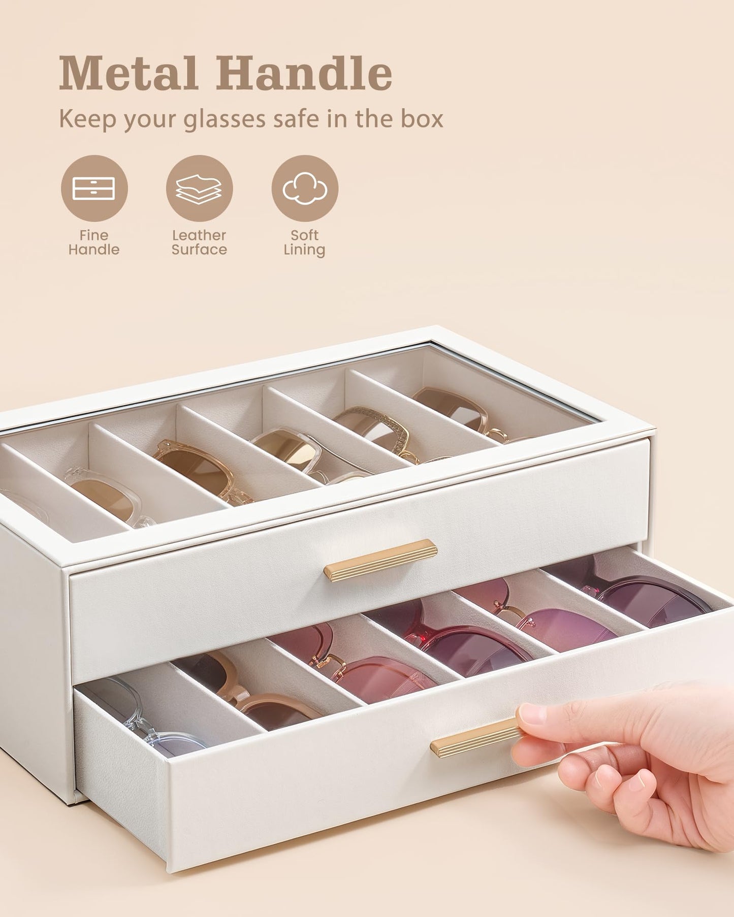 Lolalet 12 Slots 2-Layer Sunglasses Storage Box for Women, Eyewear Eye Glass Sunglass Organizer with Clear Top Lid Display Holder Case for Eyeglass Watch Jewelry -Beige