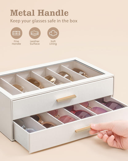Lolalet 12 Slots 2-Layer Sunglasses Storage Box for Women, Eyewear Eye Glass Sunglass Organizer with Clear Top Lid Display Holder Case for Eyeglass Watch Jewelry -Beige