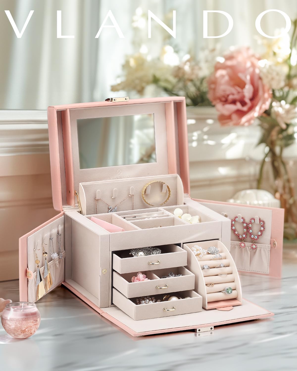 VLANDO Jewelry Box Organizer for Girls Women, Large Baroque Jewelry Holder Organizer with Mirror, 3 Drawers for Bracelets, Earrings, Rings, Necklaces, Mothers Day for Loved One, Pink