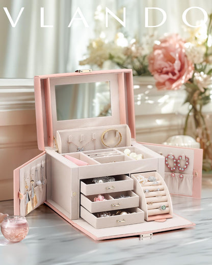 VLANDO Jewelry Box Organizer for Girls Women, Large Baroque Jewelry Holder Organizer with Mirror, 3 Drawers for Bracelets, Earrings, Rings, Necklaces, Mothers Day for Loved One, Pink