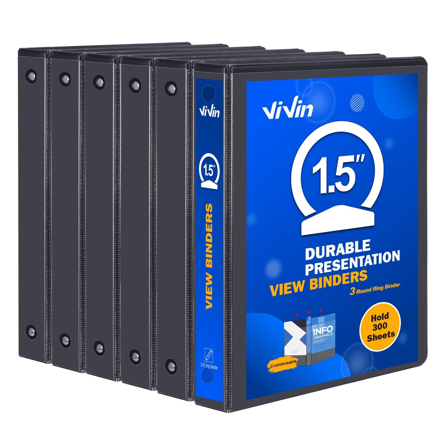 3 Ring Binder 1-1/2 Inch, ViVin Sturdy 1.5"-Round Ring Binder with 2 Interior Pockets, Clear View Cover, PVC-Free, Fits 300 Sheets of 8.5'' x 11'' Paper, Office Home School (6 Pack, Black)