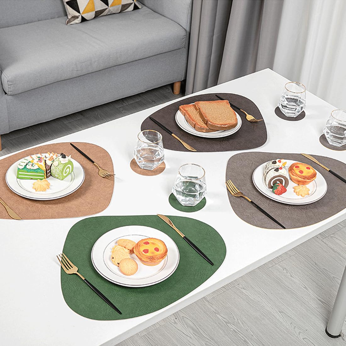 Lussenwert Faux Leather Placemats Set of 6 Waterproof Dual-Sided Placemats Heat Resistant Wipeable Place Mats with Coasters Non-Slip Dining Table Mats for Indoor Outdoor Gray Light Gray