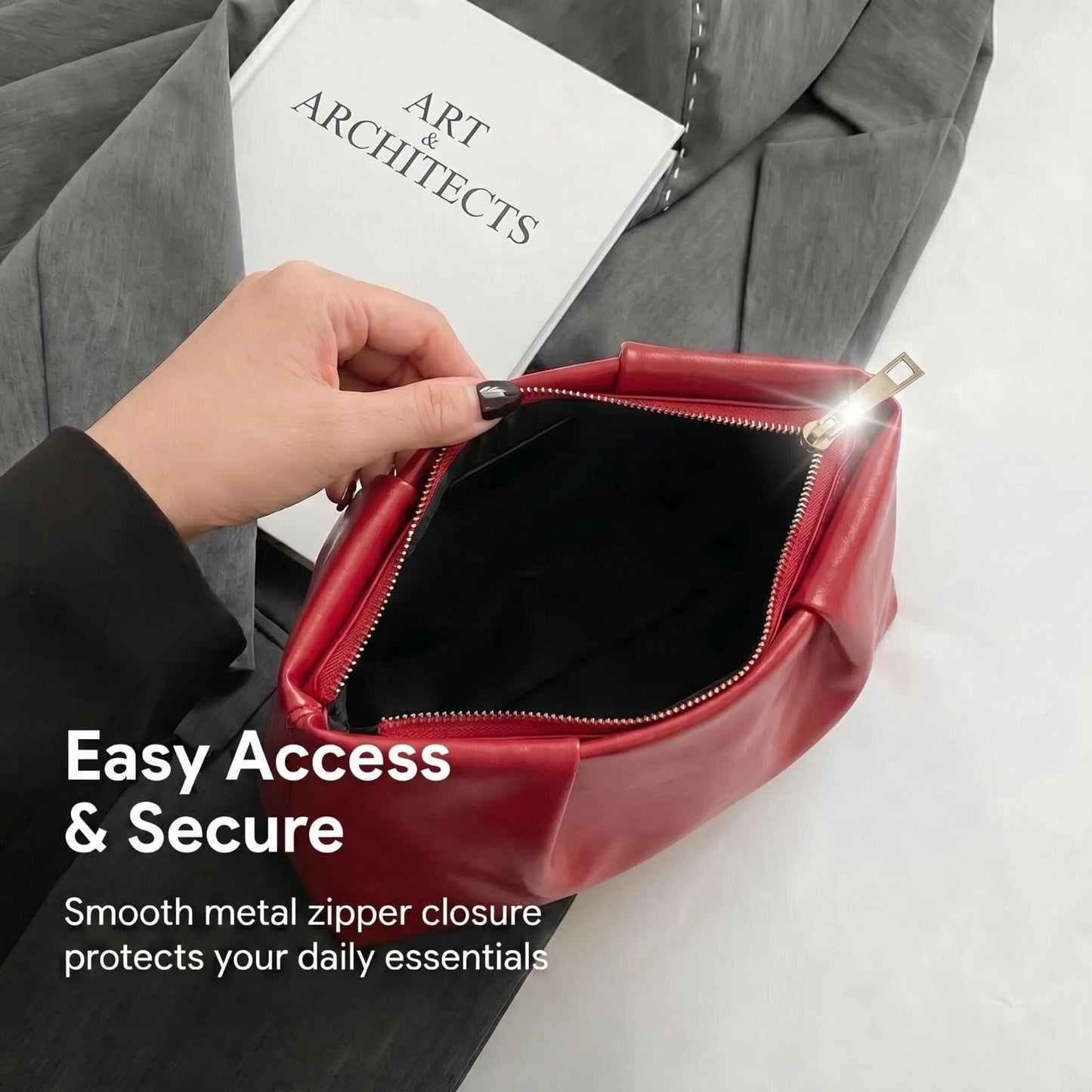 ARTLUXE Slouchy PU Leather Clutch Purse for Women Ruched Wine Red Evening Handbag with Zipper Closure for Wedding Cocktail Party and Business