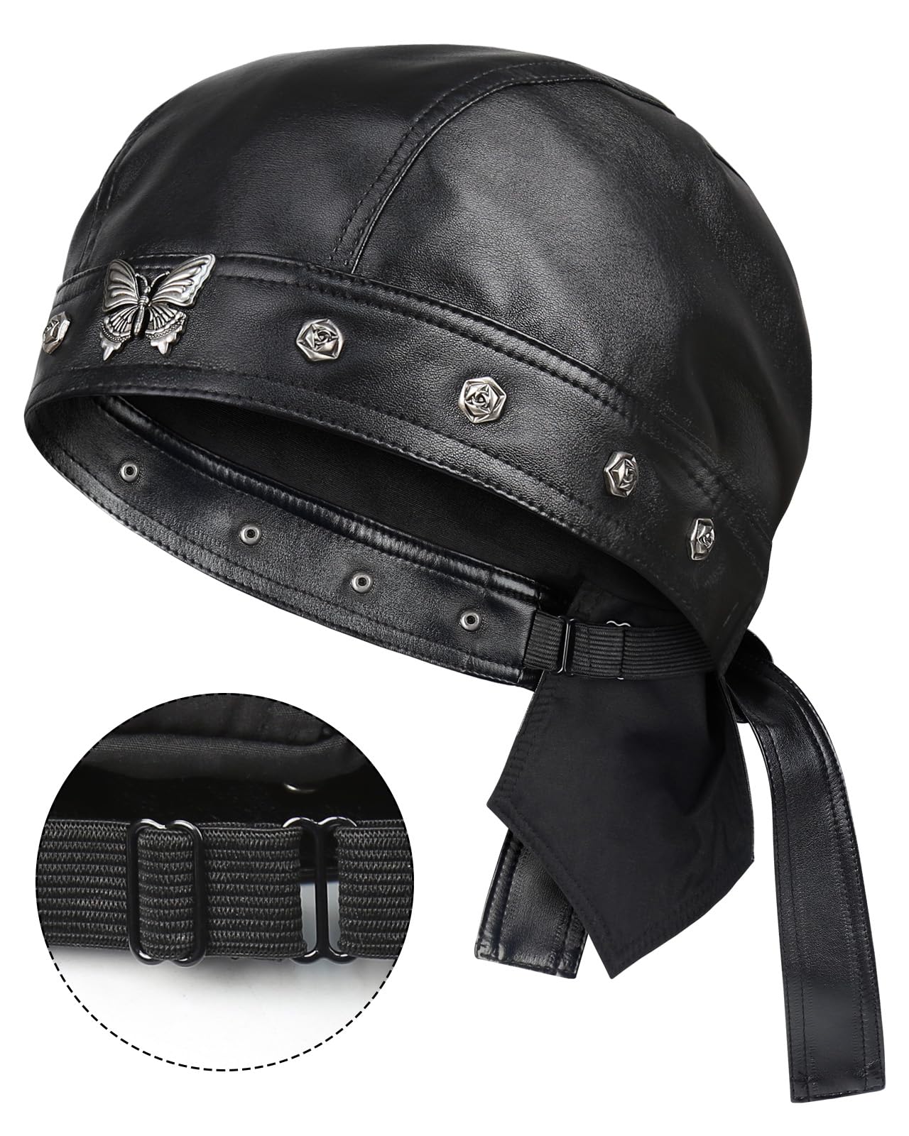 Leather Biker Skull Cap for Women Adjustable Motorcycle Cycling Black Bandana Head Wrap Doo Rag