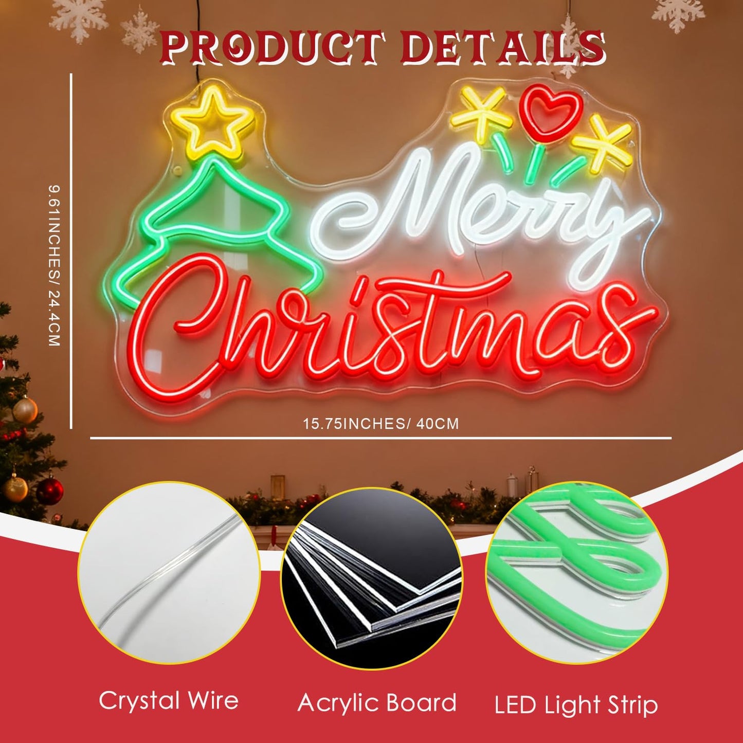 Modern Merry Christmas Neon Sign with Tree & Santa Hat, LED Light Sign for Wall Decor, USB Powered Dimmable Indoor Christmas Window Lights for Home, Bedroom,Party, Bar, Xmas Decorations Gift