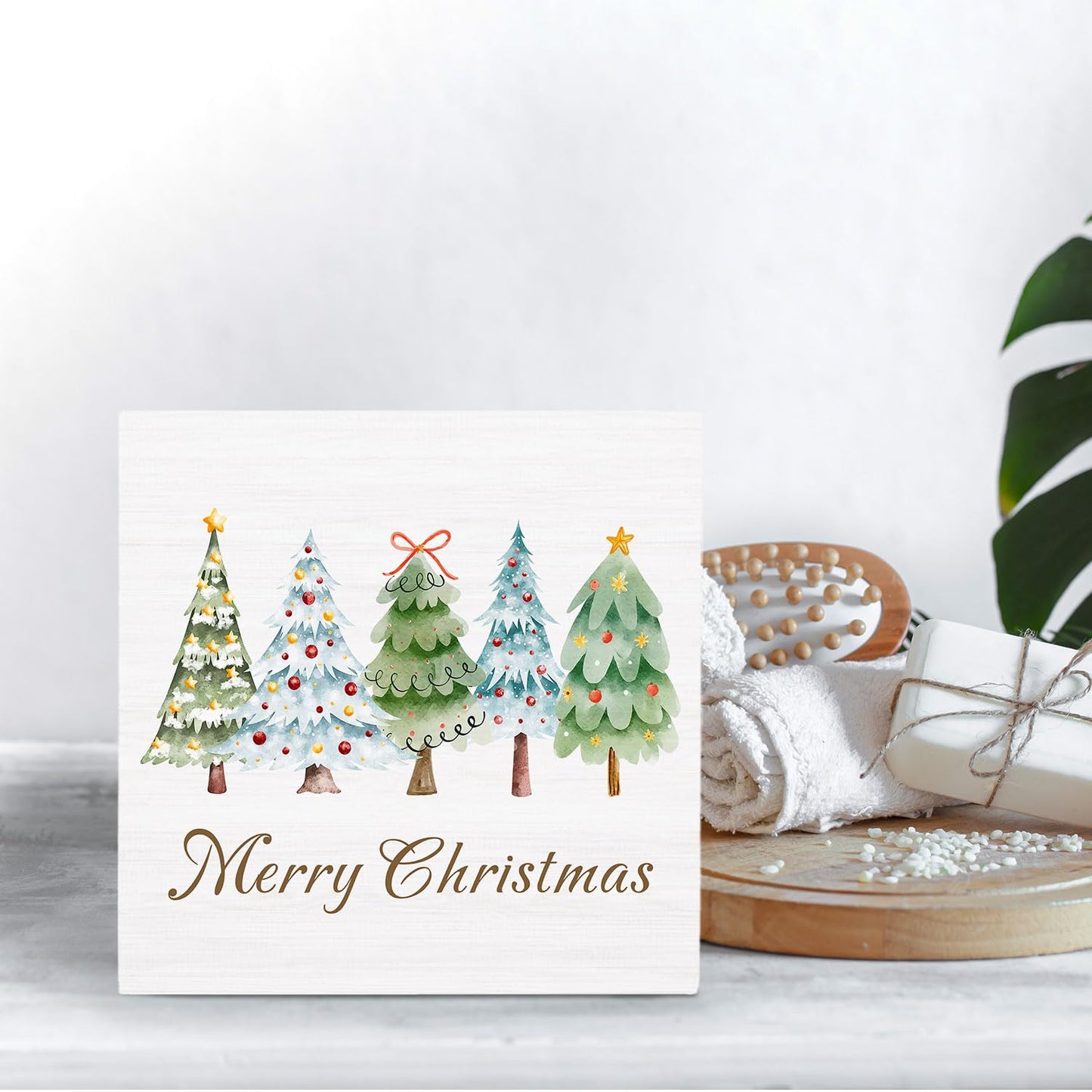 HYKDFMNCJ Merry Christmas Tree Wooden Box Sign Desk Decor, Glitter Holiday Winter Christmas Bauble Tree Wood Signs for Home Bedroom Office Desk Table Shelf Decorations, 5x5 Inch