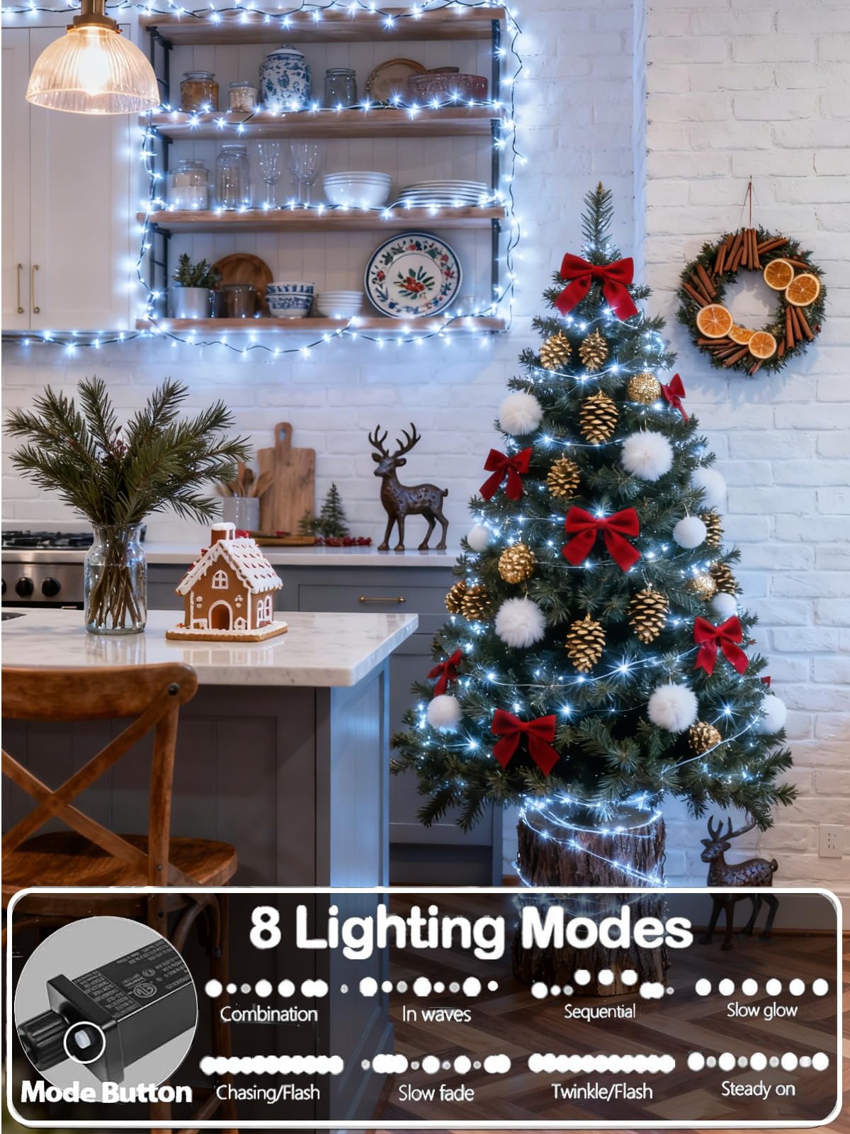 YIQU White 82FT 200 LED Christmas String Lights Outdoor/Indoor (Extendable Green Wire, Ultra-Bright with 8 Modes, UL Certified), Fairy String Lights for Xmas Tree Holiday Party Decoration, Cool White