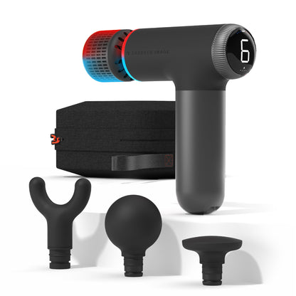 Sharper Image® Powerboost® Pro+ Hot & Cold Deep Tissue Massage Gun - 6 Speeds, 6 Attachments, 5-Hour Battery, Travel Case, Charging Base, Shoulder & Back Massager, Pain Relief Tool, FSA Eligible