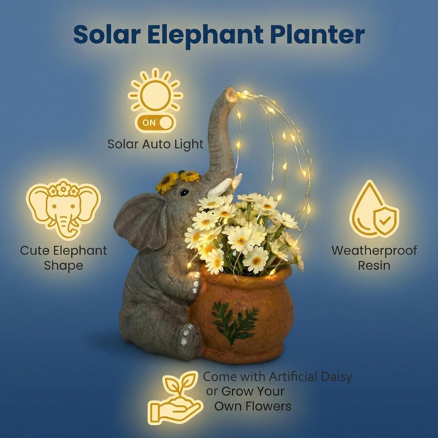 Joint Honglin Solar Elephant Planter Garden Statue with Watering Fairy Lights, Flower Pot with Artificial Daisies, Outdoor Resin Solar Garden Decor for Yard Lawn Patio Porch (Elephant)