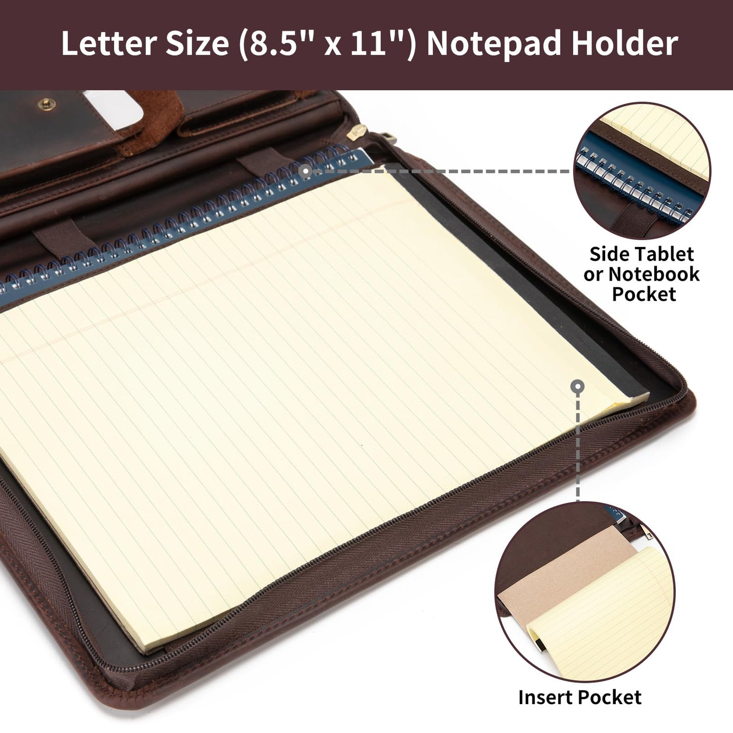 Geslun Genuine Leather Portfolio with Hidden Handle, Zippered Front Pocket, Business Padfolio for Men and Women, 8.5 x 11 Legal Pad Notebook Holder, Office Letter Notepad Folio, Dark Brown