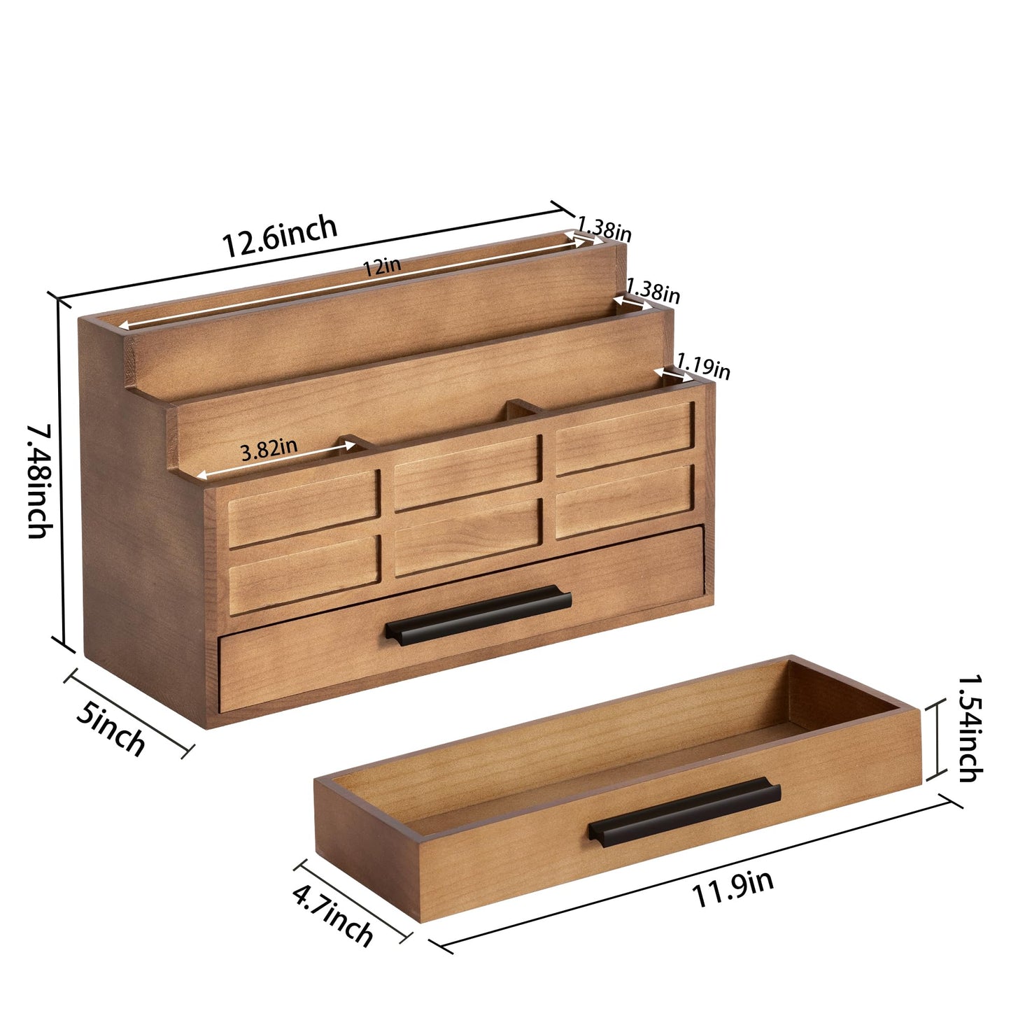 dreampossible Brown Wood Desk Organizer and Accessories with Drawer, Bill Mail Organizer and File Mail Holder for Office Supplies, Rustic Desk Accessories & Workspace Organizers