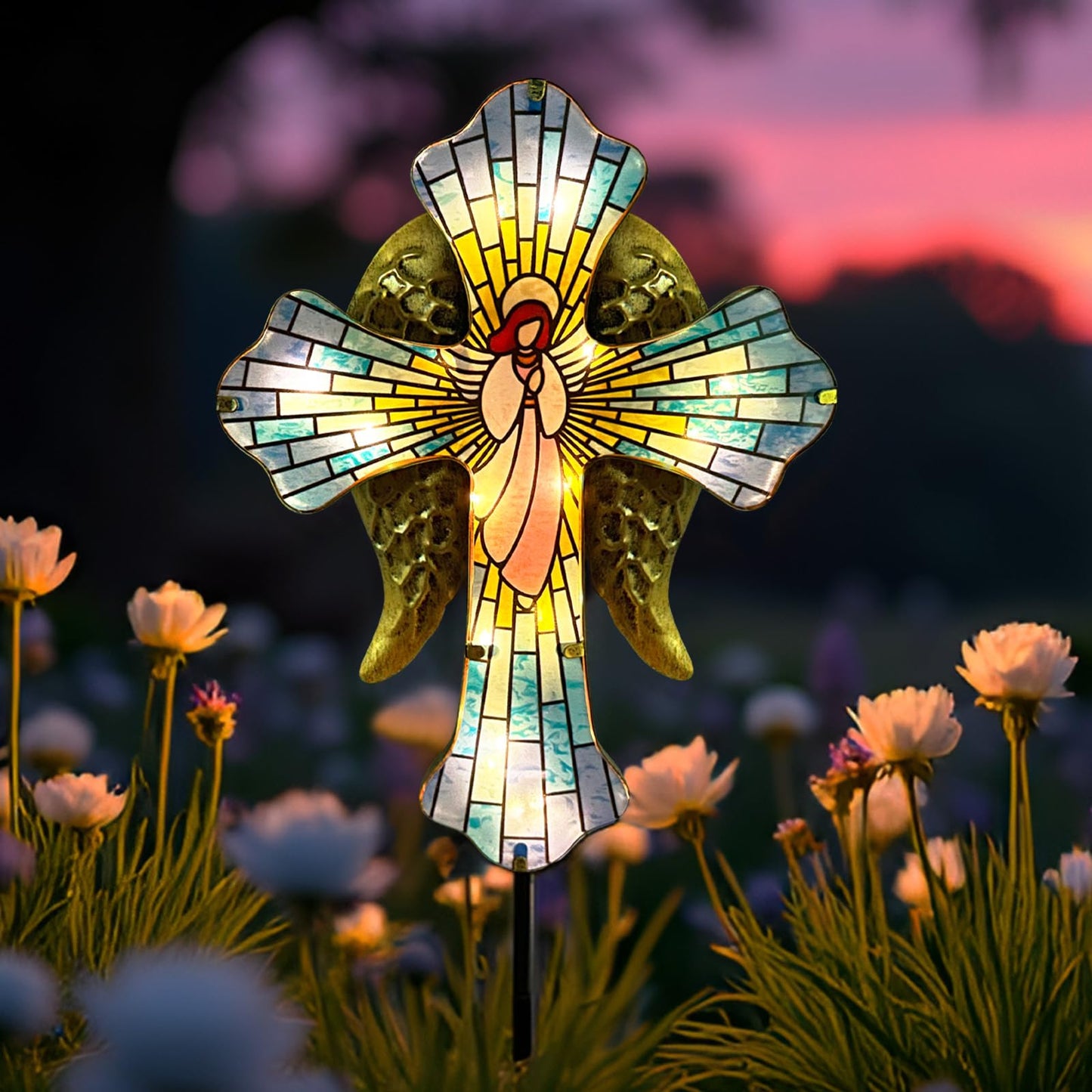Solar Cross Garden Stake Lights for Outdoor,Cemetery Decorations Yard Patio Decor,Angel Wings Cross Solar Christmas Lights Outside,Memorial Gifts