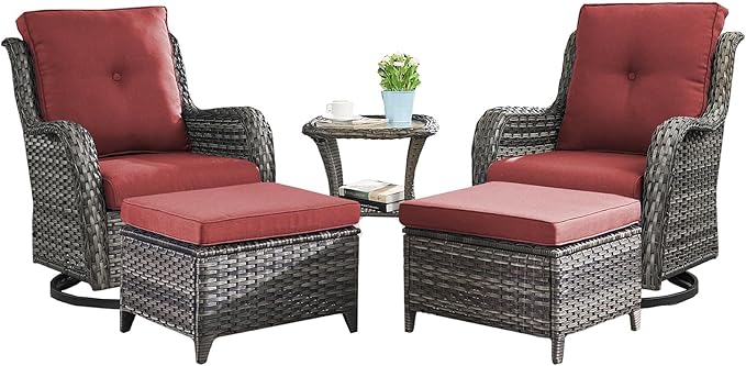 Rilyson Wicker Patio Furniture Set - 5 Piece Rattan Outdoor Sectional Conversation Sets with 2 Swivel Rocking Chairs,2 Ottomans and 1 Side Table for Porch Deck Garden(Mixed Grey/Red)